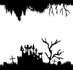 Halloween black borders. A castle, flying birds, spider web and grave silhouettes. Vector isolated decoration elements for halloween design.