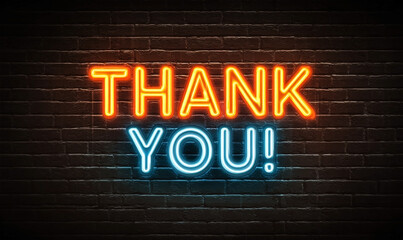 Obraz premium Vibrant Thank You Neon Sign Against Dark Brick Wall.
