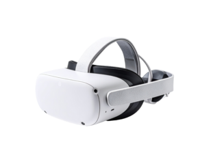 White VR headset with black components.  Adjustable headband