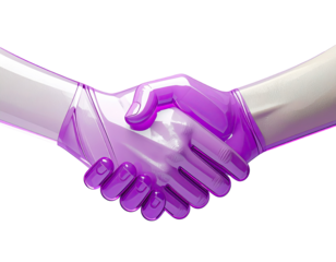 A stylized, glossy, purple handshake between two gloved hands