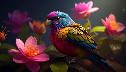 Fototapeta premium Colorful parrot perched gracefully amidst vibrant pink water lilies in a serene garden setting