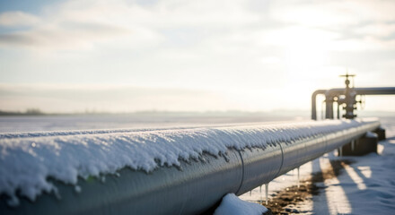 Obraz premium Gas pipeline covered with snow and ice. Ground level view of a natural gas pipe running through a winter field. Energy industry concept.