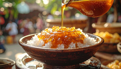 Sweetened shaved ice being drizzled with syrup at outdoor market