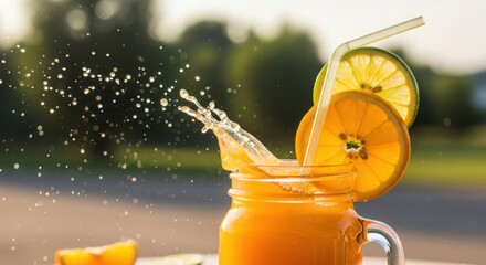 Refreshing orange juice splash with citrus slices in sunlit outdoor setting