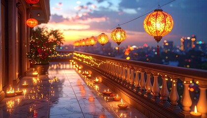 Festive Balcony with Hanging Lanterns during Deepawali Festival in India