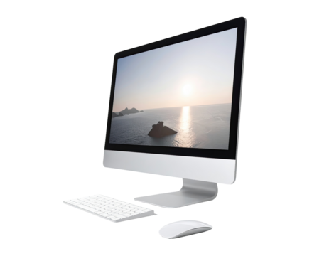 A silver desktop computer with a landscape display