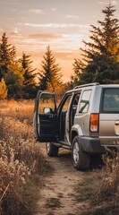 Fototapeta premium An SUV with an open door stands on a dirt path surrounded by tall dry grass and trees against a sunset-colored sky
