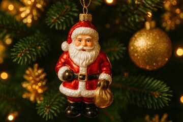A Festive Christmas Decoration Featuring a Charming Santa Claus Ornament Adorned with a Golden Sack Set Against a Background of Twinkling Holiday Lights