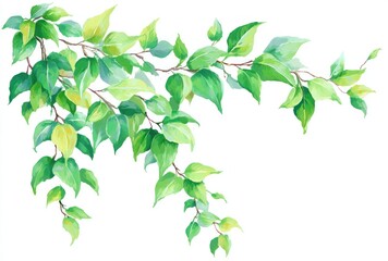 Obraz premium Watercolor-style illustration of a leafy branch. Features varied green leaves on a light brown branch against a clean white background. Soft, natural aesthetic