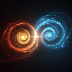Naklejka premium Two swirling galaxies, one fiery orange and one icy blue, meet at a radiant center, symbolizing balance, contrast, and cosmic energy