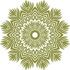 A detailed, symmetrical mandala design in olive green, featuring repeating floral and leaf-like patterns radiating from a central point.