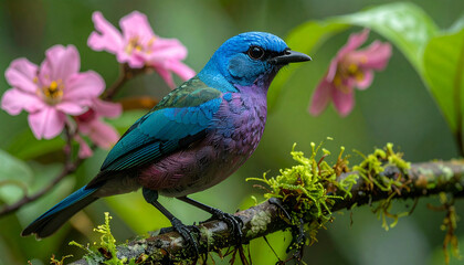 Obraz premium Colorful tanager perched observing surroundings on mossy branch with pink flowers