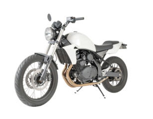 White motorcycle, angled view, showing details