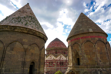 Fototapeta premium 13 July 2025 Erzurum Turkey. Three tombs historical artifacts from Saltuk Era in Erzurum city center.
