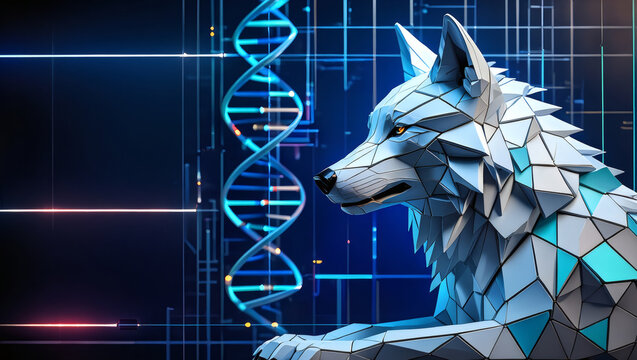 Abstract low-poly illustration of a wolf with a DNA helix on a futuristic technology background. Concept of genetics, biotechnology, AI, evolution, strength, and connection between nature and science.