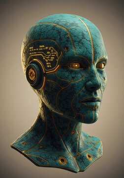 An alien android with advanced technological implants: A futuristic concept featuring a cyborg head with glowing eyes, evoking a sense of artificial intelligence and technology.