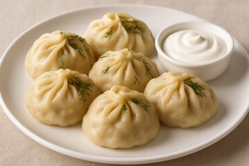 Delicious Homemade Dumplings with Fresh Herbs Served with Creamy Dipping Sauce on a White Plate, Perfect for Appetizers or Comfort Food!