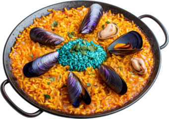 Seafood paella mussel rice saffron blue skillet orange gourmet delight