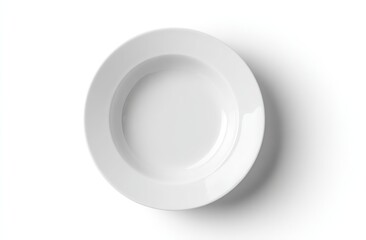 A pristine, white, ceramic soup bowl, viewed from above, sits on a stark white surface, casting a gentle shadow, simple and elegant