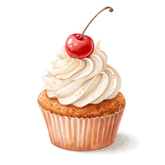 Realistic cupcake with strawberry topping on transparent background for bakery branding, dessert menus, sweet packaging and food advertising