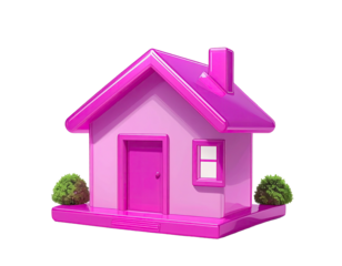 Pink 3D house icon, simple design, glossy finish