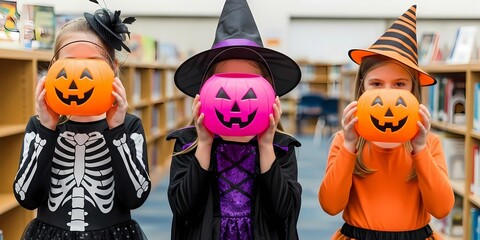 Delighted young friends in creative costumes celebrating the fun spirit of Halloween, eagerly awaiting candies with their vibrant pumpkin pails