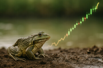 Business frog analyzing market trends by the water nature scene close-up perspective financial insights