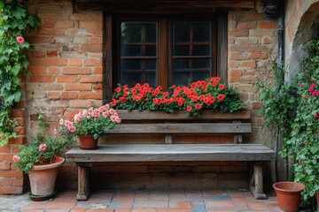 Bench with flowers in front of brick building.
