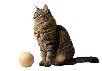 An elegant, fluffy brown tabby cat with green eyes and white paws sits by a polished wooden ball on transparent, 45-degree angle, high-key, luxury pet product concept