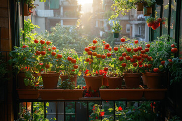 Potted tomatoes among various plants in a window.