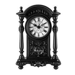 An elegant black antique grandfather clock with ornate carvings and Roman numerals on a cracked glass face, standing on a detailed pedestal.