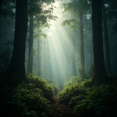 Morning sunlight in foggy forest