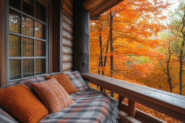 Fall foliage surrounds a cozy couch on a porch.