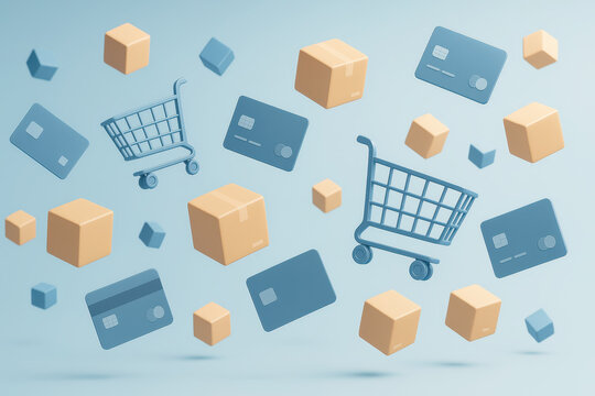 Shopping event online e-commerce digital marketplace product delivery virtual space aerial view connectivity trends