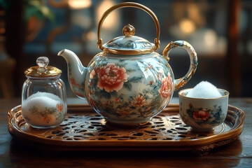 Tea set on tray: cup and saucer