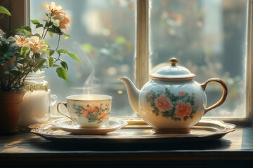 Teapot and cup on table.