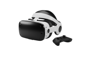 Sleek, two-tone modern virtual reality headset and minimalist black controller on transparent, professional studio lighting, concept of cutting-edge technology