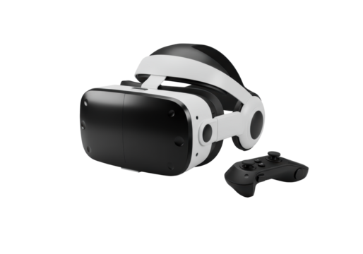 Sleek, two-tone modern virtual reality headset and minimalist black controller on transparent, professional studio lighting, concept of cutting-edge technology