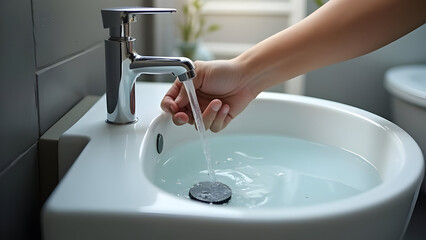 Hand of plumber clearing blockage in bathroom basin sink