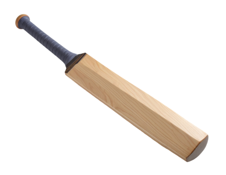 Wooden cricket bat, light brown wood, dark gray grip