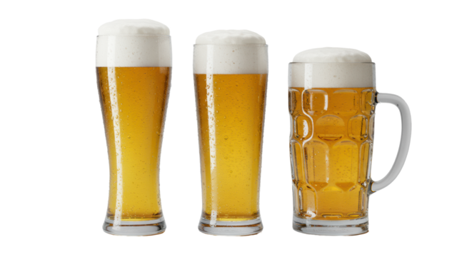 Three transparent beer glasses (pilsner, pint, dimpled mug) with golden lager, frothy foam, and condensation on a transparent studio background. Concept for beverage advertising