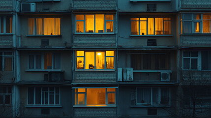 Night view of apartment building with warm glowing windows contrasting with dark exterior, creating a cozy urban atmosphere.