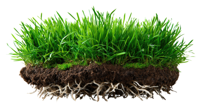 A patch of grass with Roots: An eye-level shot features a patch of vibrant green grass, still attached to the dark, rich soil, exposing its intricate root system. A symbolic depiction of growth.