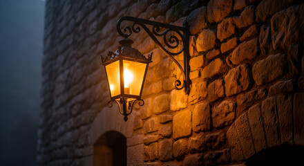 Illuminated vintage street lamp on a stone wall casting a warm glow in the night