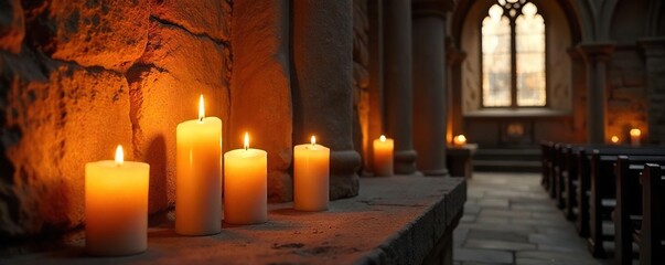 Serene Church Interior Glowing Candles Illuminate Aged Stone Walls, Creating a Peaceful and Spiritual Atmosphere
