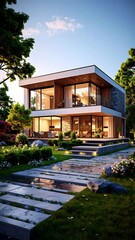 Fototapeta premium Modern home exterior, evening view