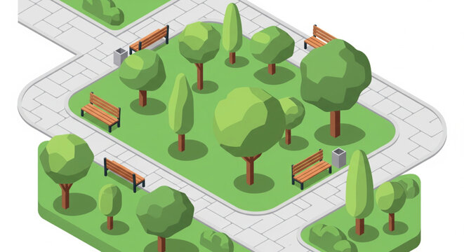 Isometric City Park with Trees and Benches