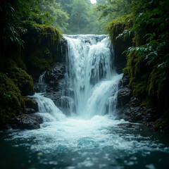 Obraz premium Waterfall over mossy rocks in jungle