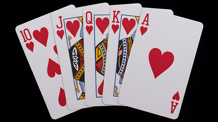Winning poker hand royal flush of hearts on black displayed for gambling luck