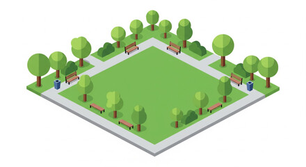 Isometric City Park with Trees and Benches
